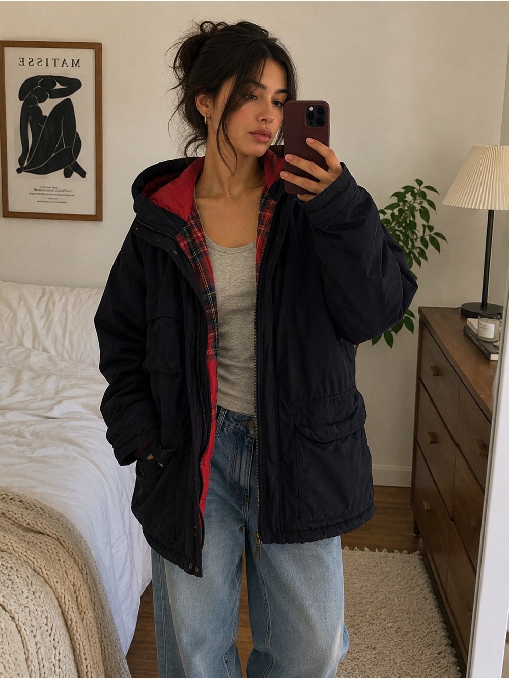GAP 90s Vintage Navy Red Plaid Lined Hooded Utility Jacket Men’s Small